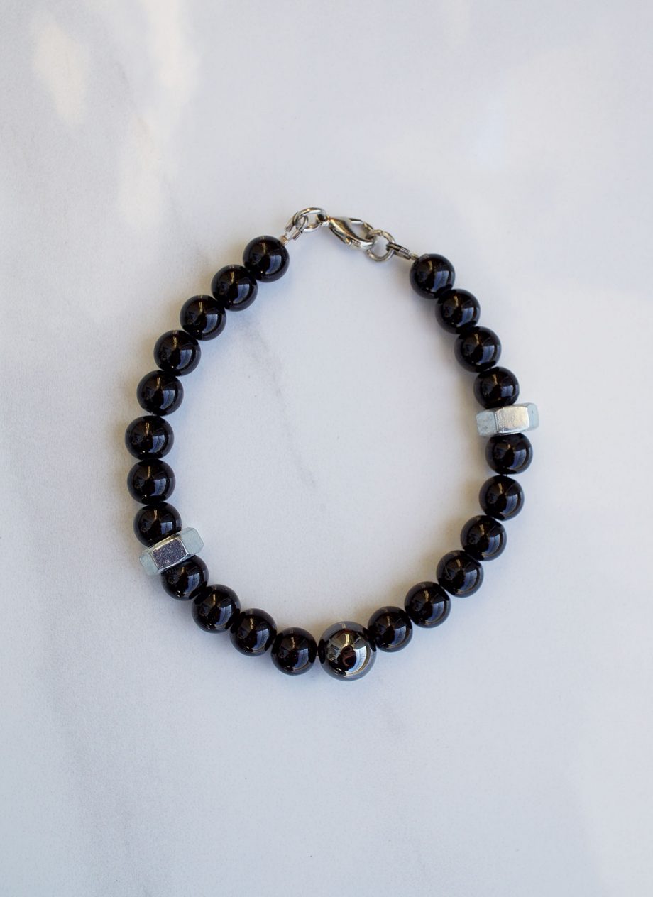 Black glass beads man bracelet